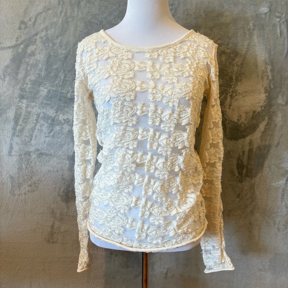 Free People Vintage Lace Embroidered Sheer Long-Sleeve Top Sz S - Picture 1 of 12